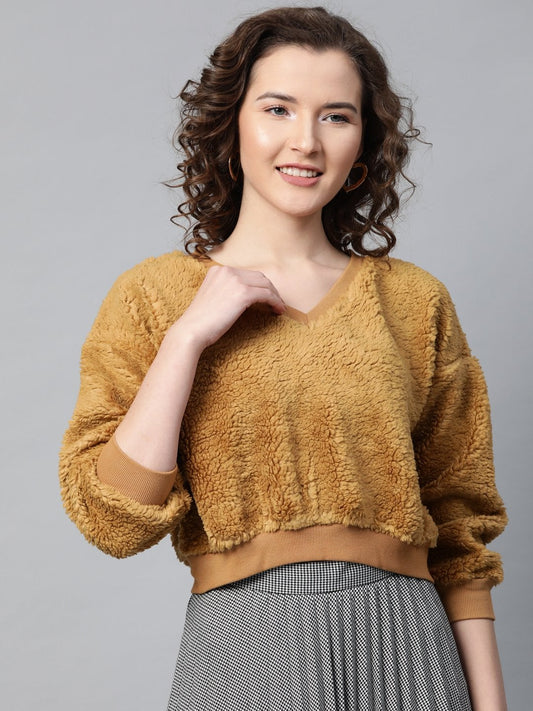 Women's Mustard V-Neck Faux Fur Crop Sweatshirt