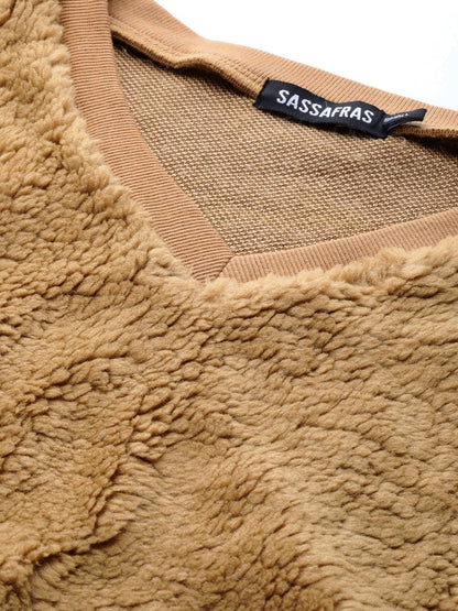 Women's Mustard V-Neck Faux Fur Crop Sweatshirt