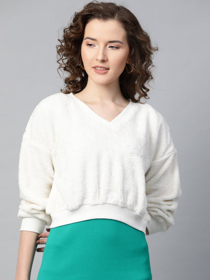 Women's White V-Neck Faux Fur Crop Sweatshirt
