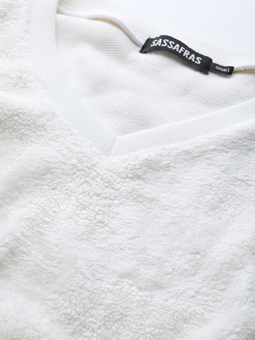 Women's White V-Neck Faux Fur Crop Sweatshirt