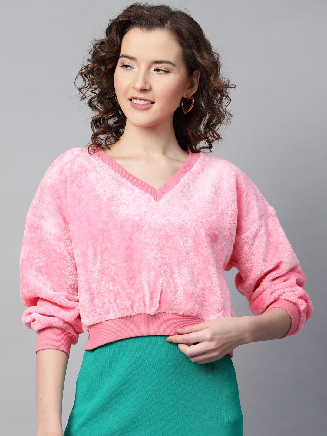 Women's Pink V-Neck Faux Fur Crop Sweatshirt