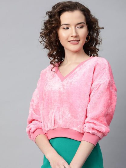 Women's Pink V-Neck Faux Fur Crop Sweatshirt