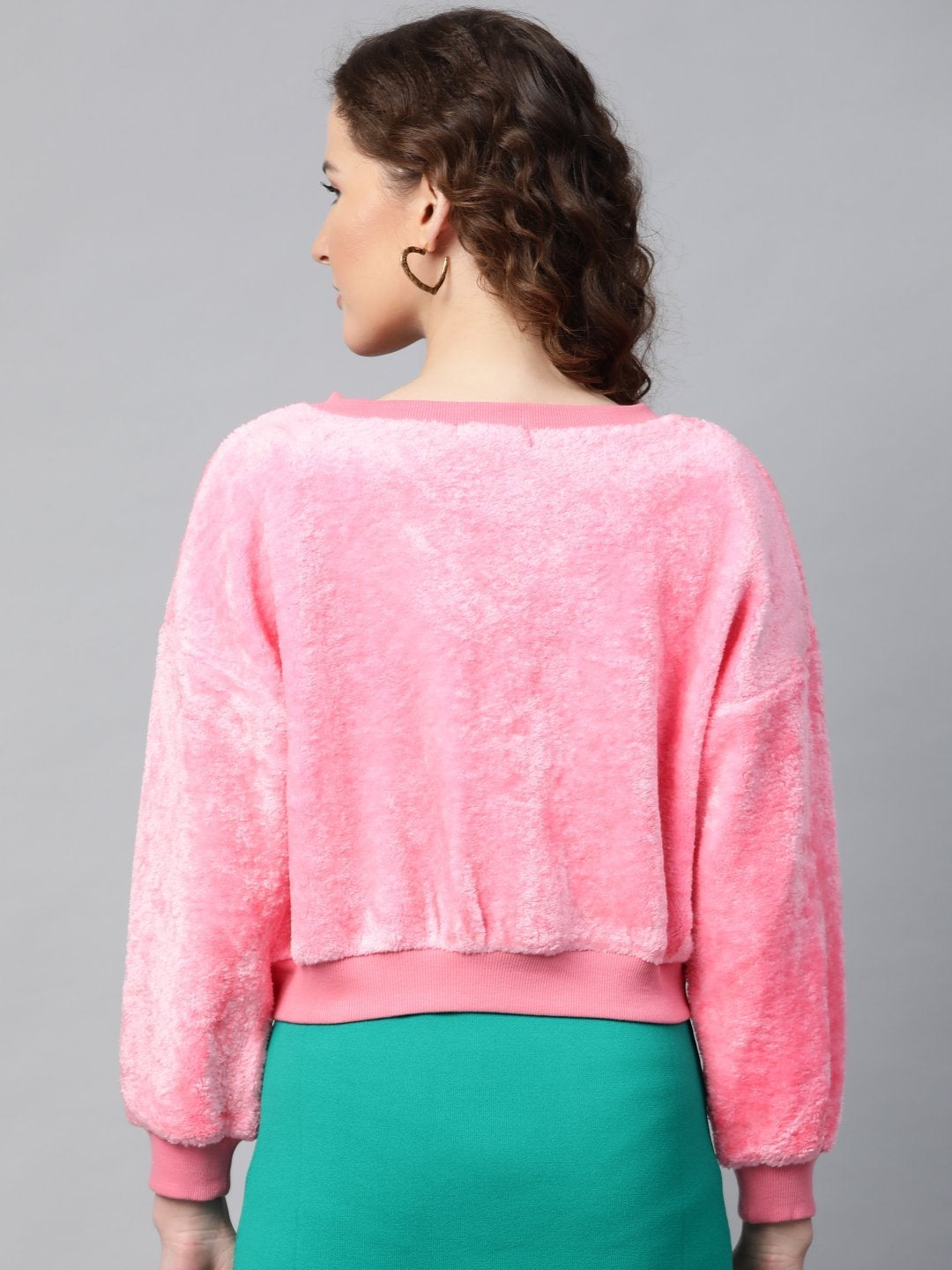 Women's Pink V-Neck Faux Fur Crop Sweatshirt