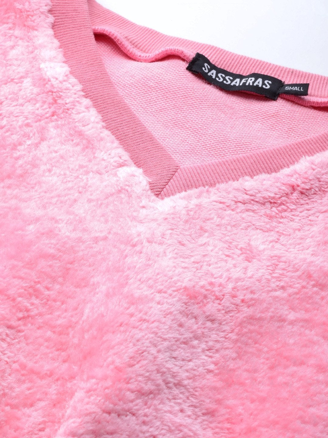 Women's Pink V-Neck Faux Fur Crop Sweatshirt