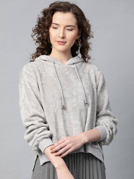 Women's Grey Hooded Faux Fur Sweatshirt