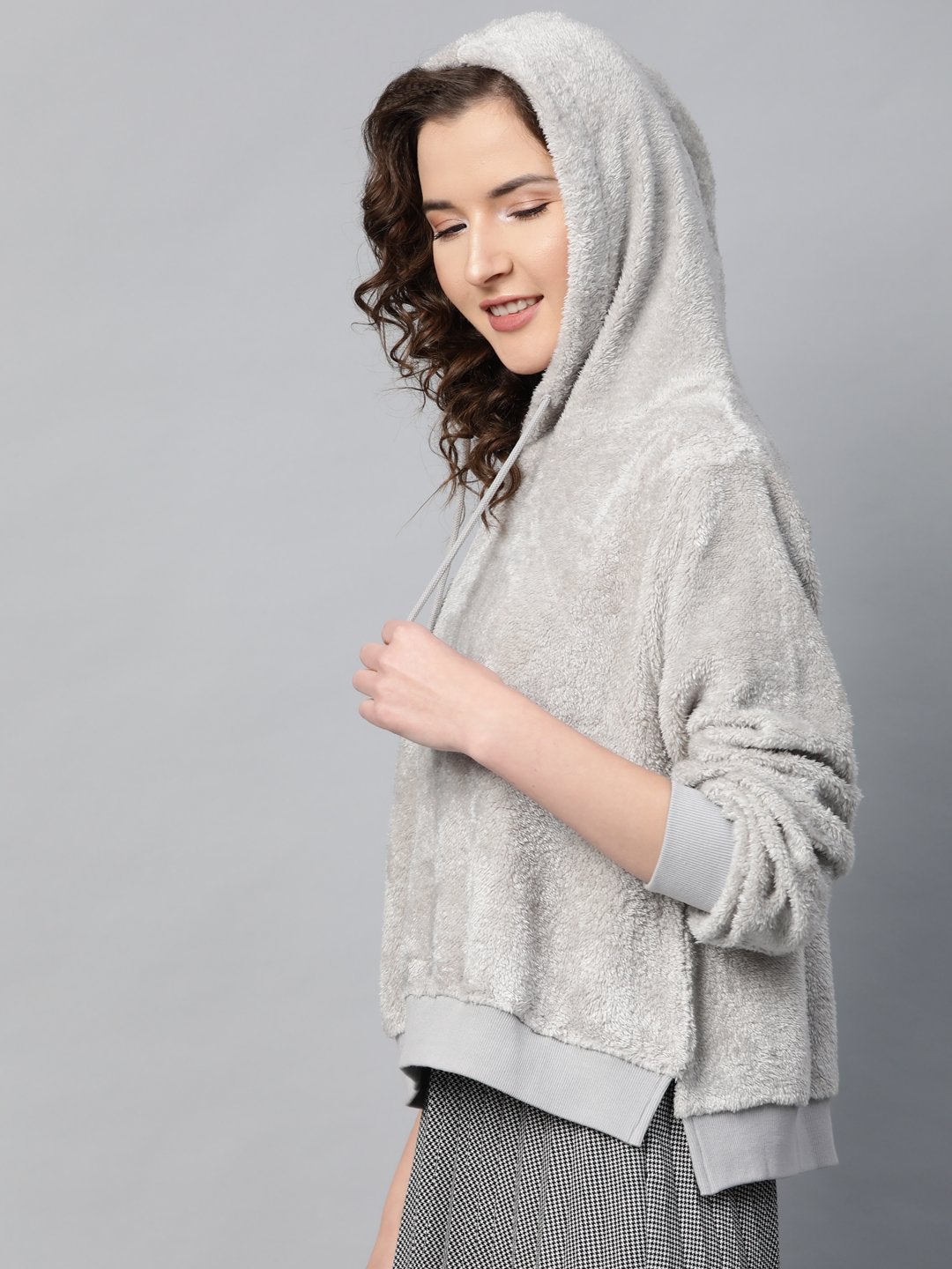 Women's Grey Hooded Faux Fur Sweatshirt