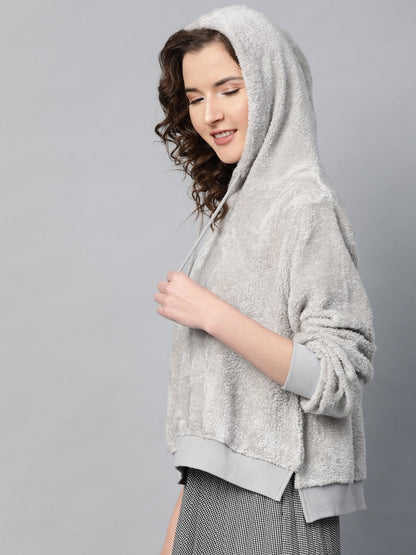 Women's Grey Hooded Faux Fur Sweatshirt