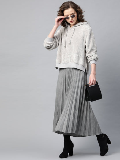 Women's Grey Hooded Faux Fur Sweatshirt