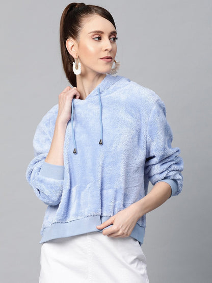 Women's Blue Hooded Faux Fur Sweatshirt