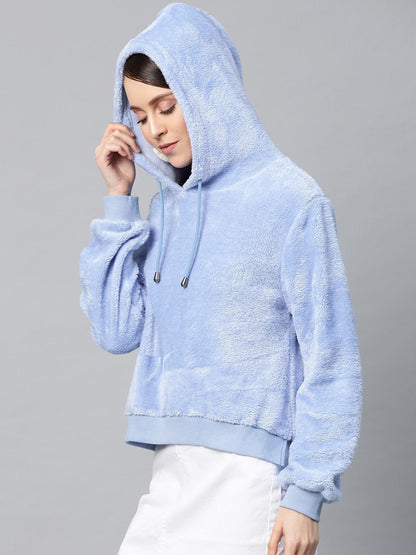 Women's Blue Hooded Faux Fur Sweatshirt