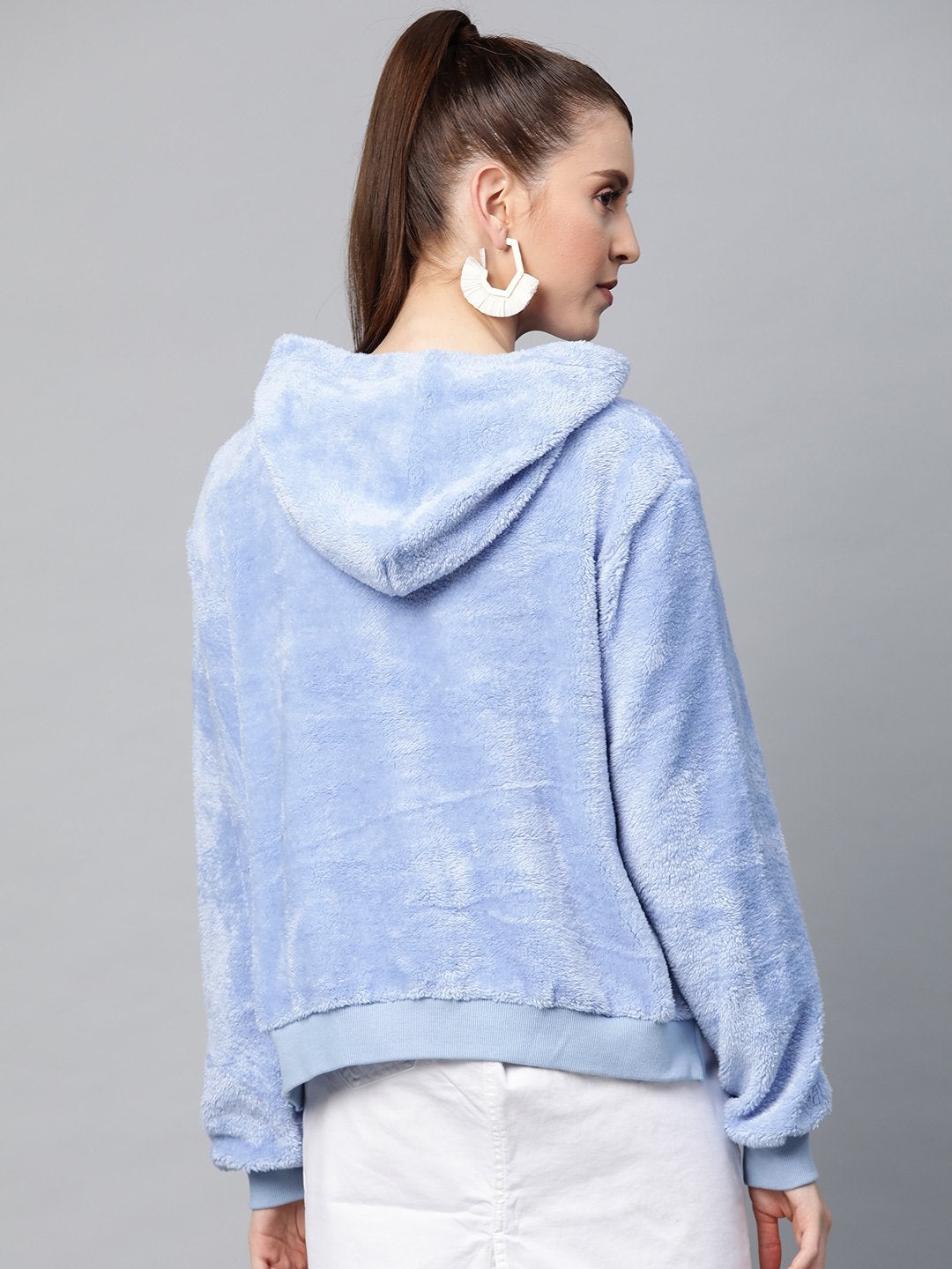 Women's Blue Hooded Faux Fur Sweatshirt