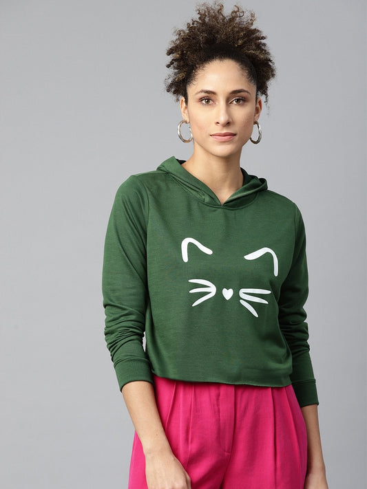 Women's Green Kitty Face Crop Hoodie Sweatshirt