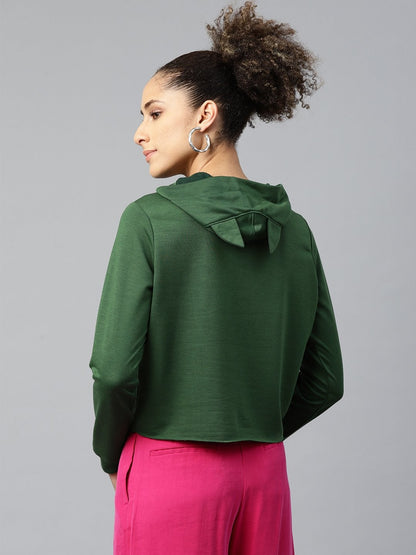 Women's Green Kitty Face Crop Hoodie Sweatshirt