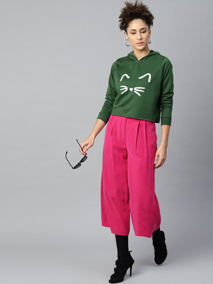 Women's Green Kitty Face Crop Hoodie Sweatshirt