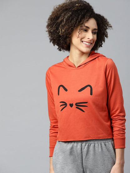 Women's Rust Kitty Face Crop Hoodie Sweatshirt