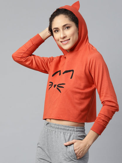 Women's Rust Kitty Face Crop Hoodie Sweatshirt