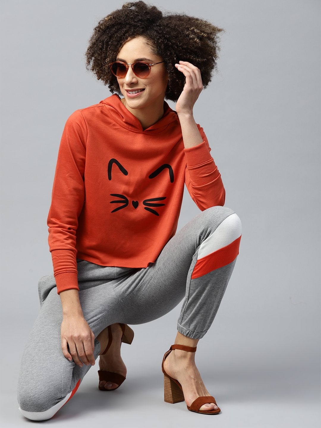 Women's Rust Kitty Face Crop Hoodie Sweatshirt