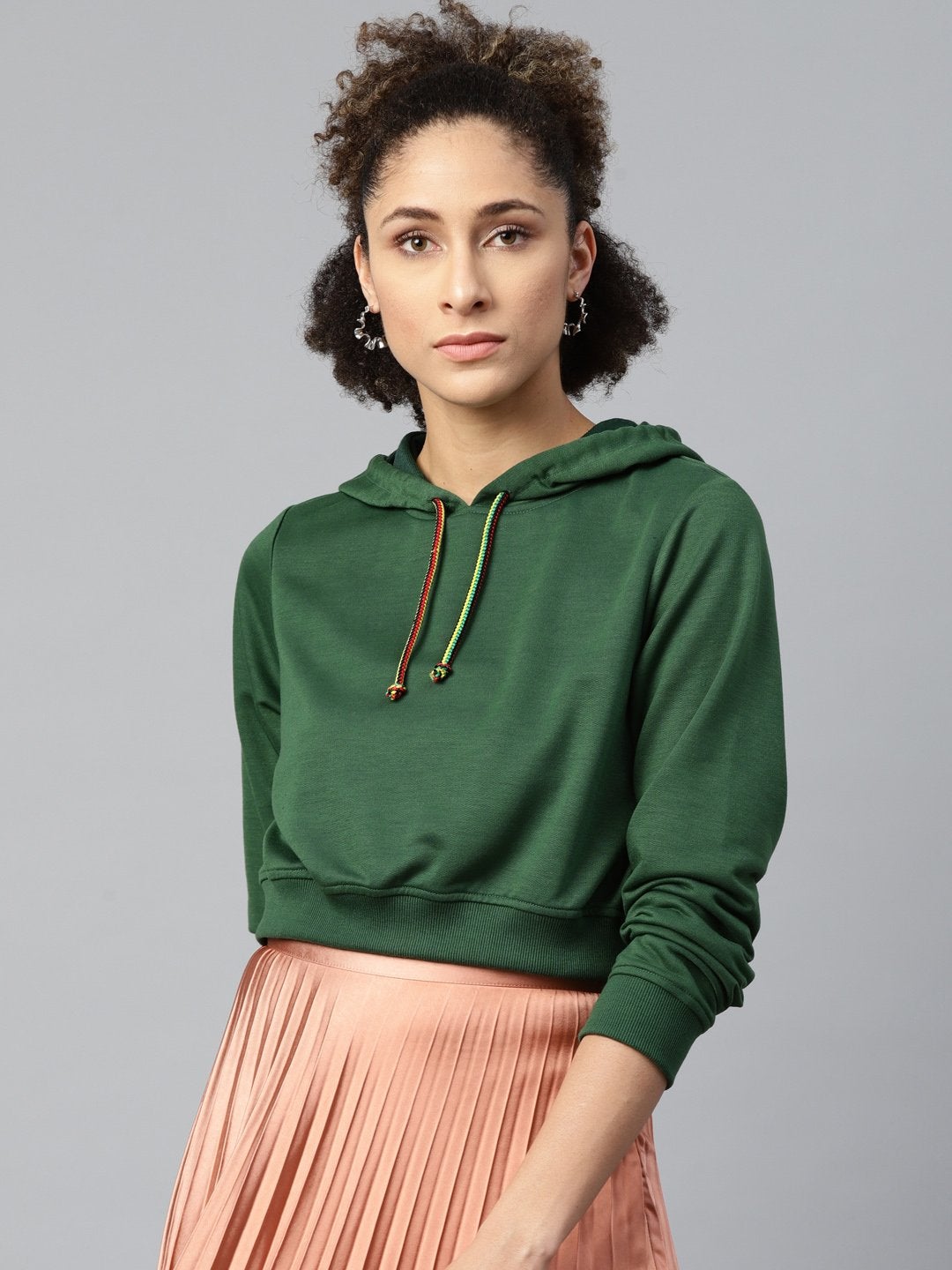 Women's Green Crop Hoodie Basic Sweatshirt