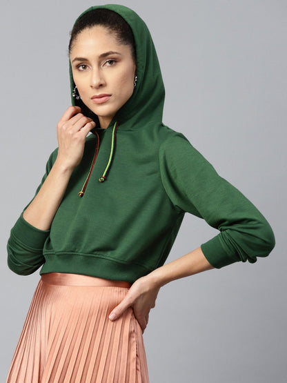 Women's Green Crop Hoodie Basic Sweatshirt