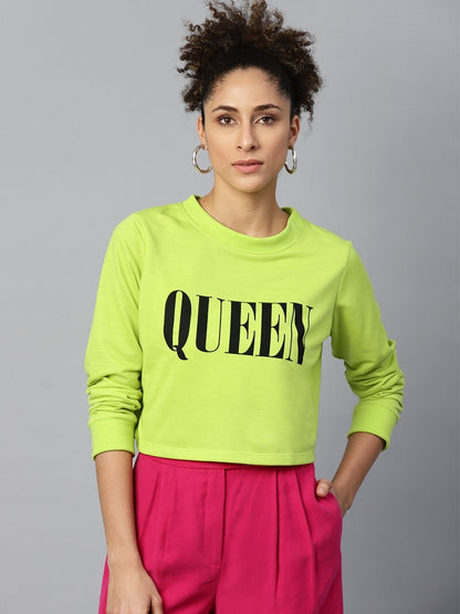 Women's Neon Green Queen-Print Crop Sweatshirt