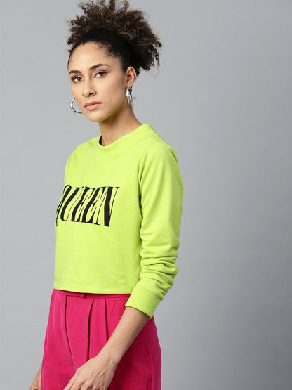 Women's Neon Green Queen-Print Crop Sweatshirt