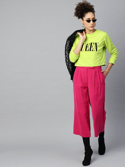 Women's Neon Green Queen-Print Crop Sweatshirt