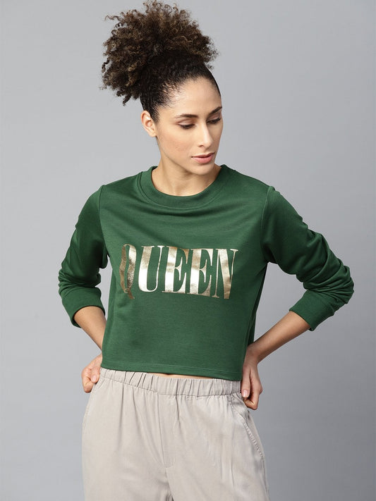 Women's Green Queen-Print Crop Sweatshirt