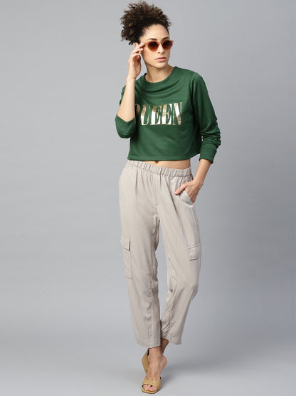 Women's Green Queen-Print Crop Sweatshirt