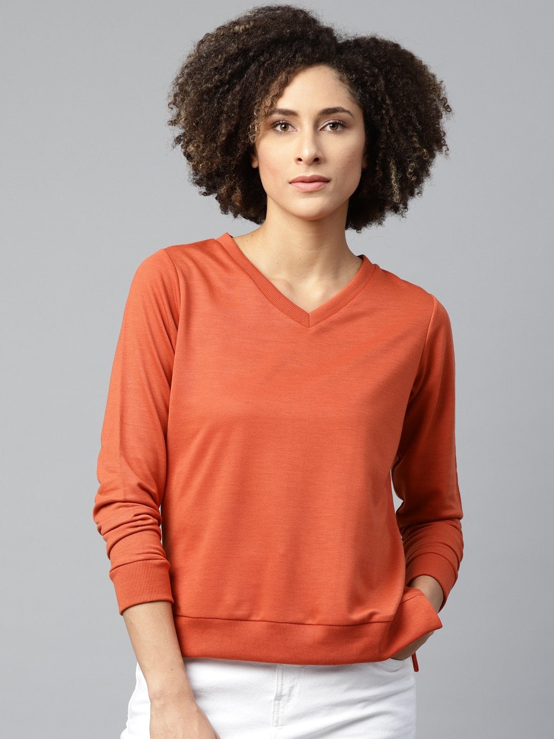 Women's Rust V-Neck Basic Sweatshirt