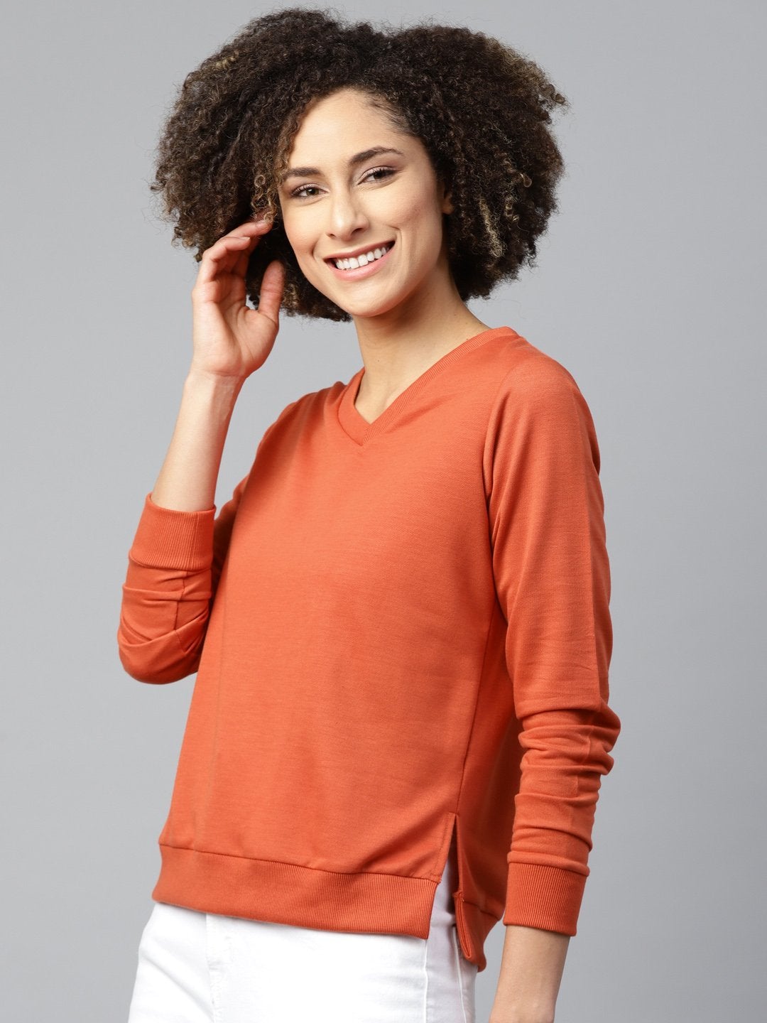 Women's Rust V-Neck Basic Sweatshirt