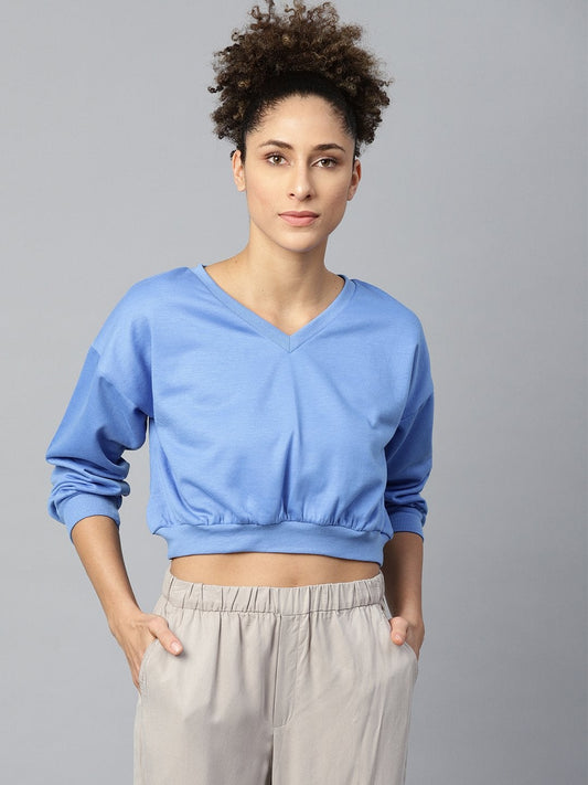 Women's Blue V-Neck Crop Sweatshirt