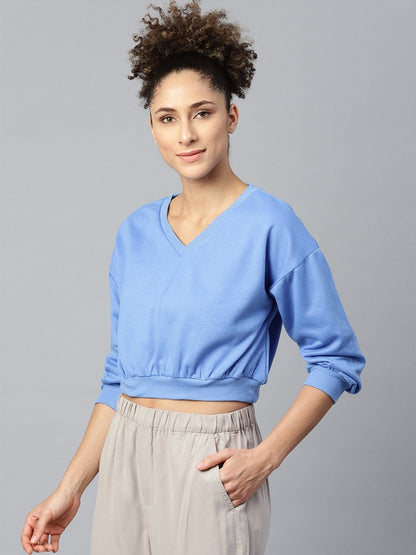 Women's Blue V-Neck Crop Sweatshirt