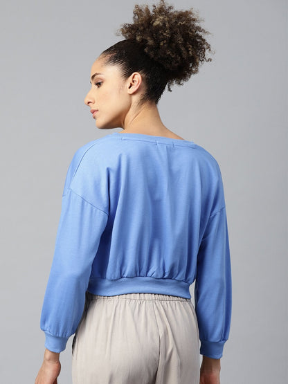 Women's Blue V-Neck Crop Sweatshirt