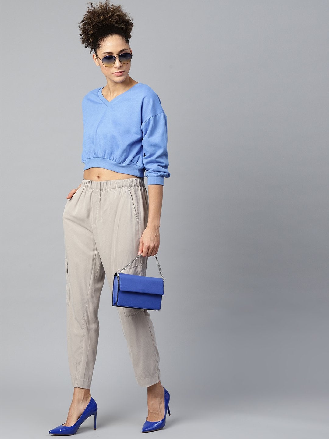 Women's Blue V-Neck Crop Sweatshirt