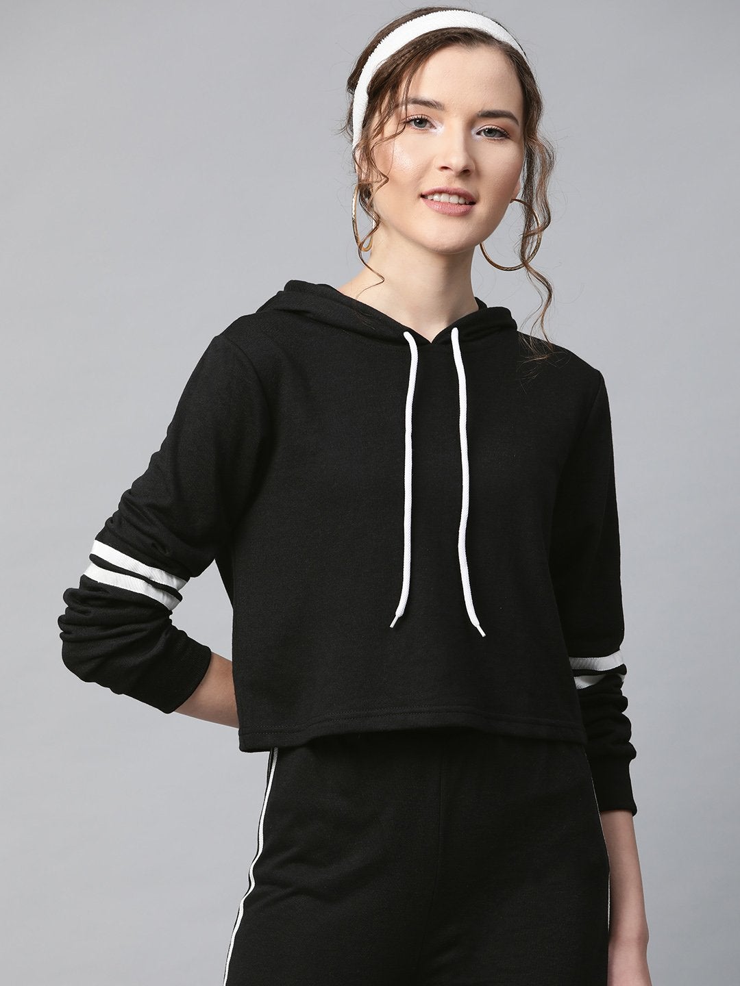 Women's Black With White Tape Crop Hoodie