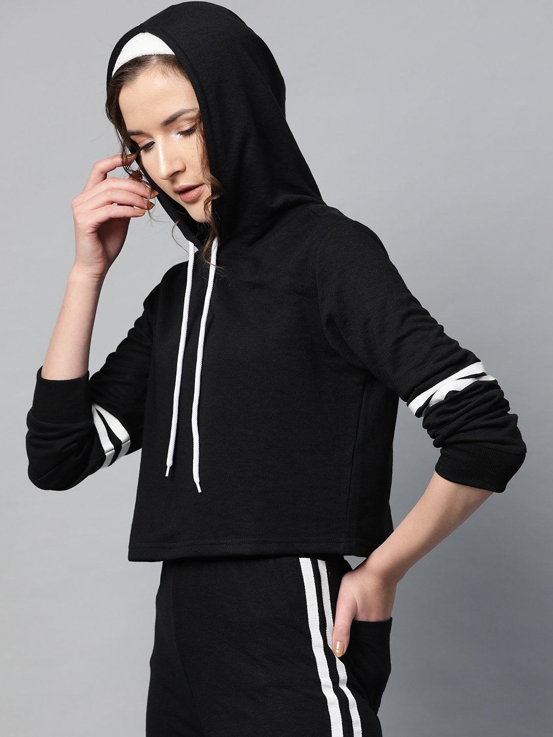 Women's Black With White Tape Crop Hoodie