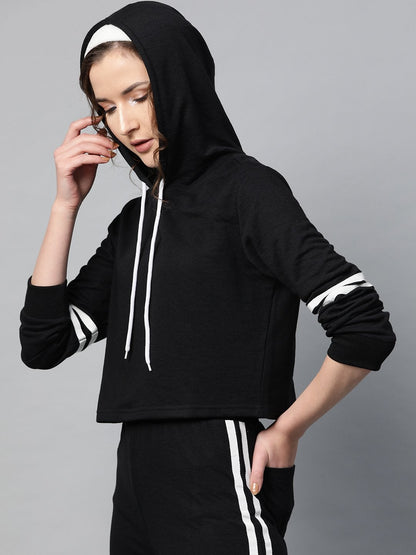 Women's Black With White Tape Crop Hoodie