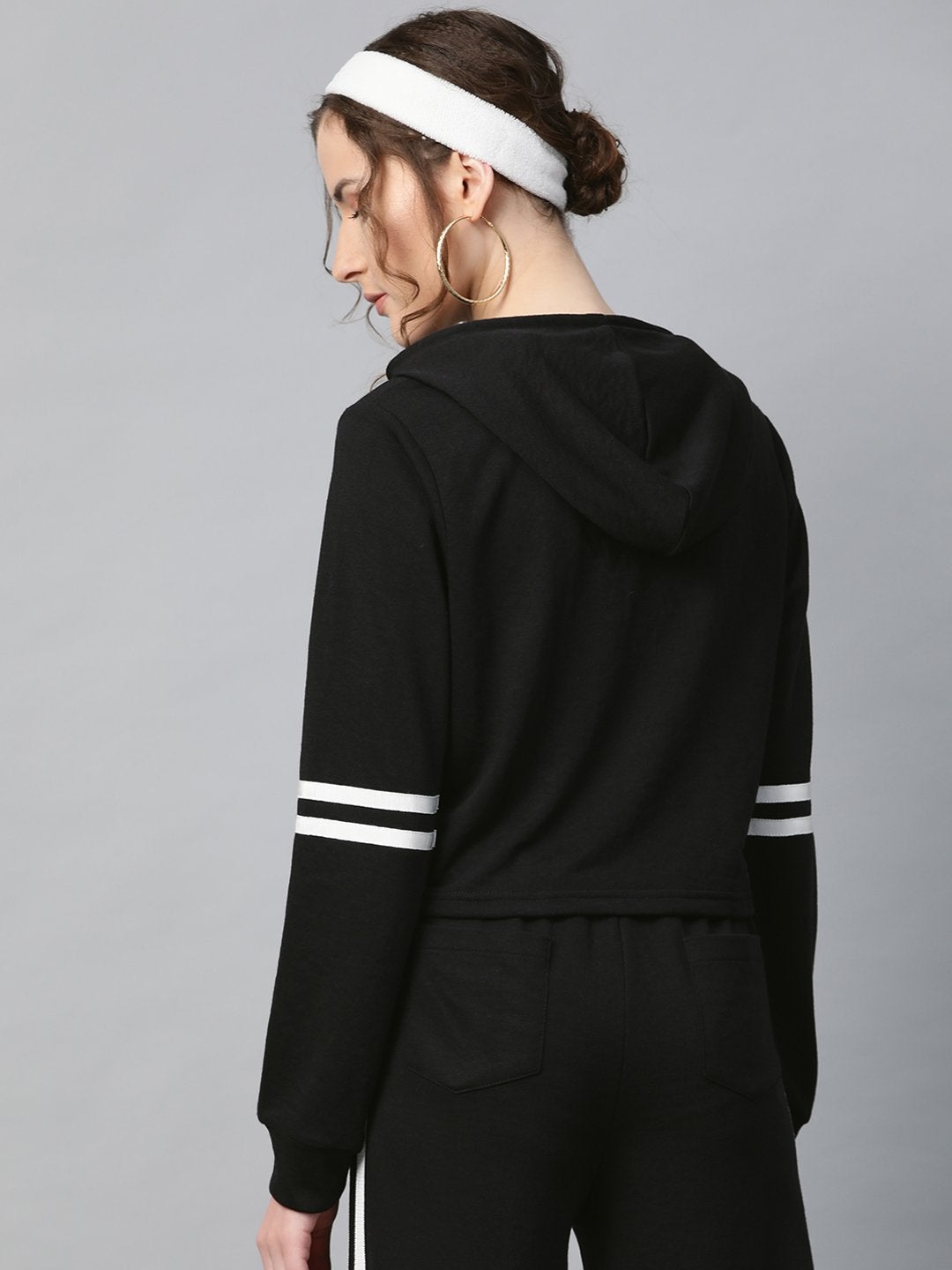 Women's Black With White Tape Crop Hoodie