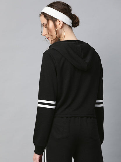 Women's Black With White Tape Crop Hoodie