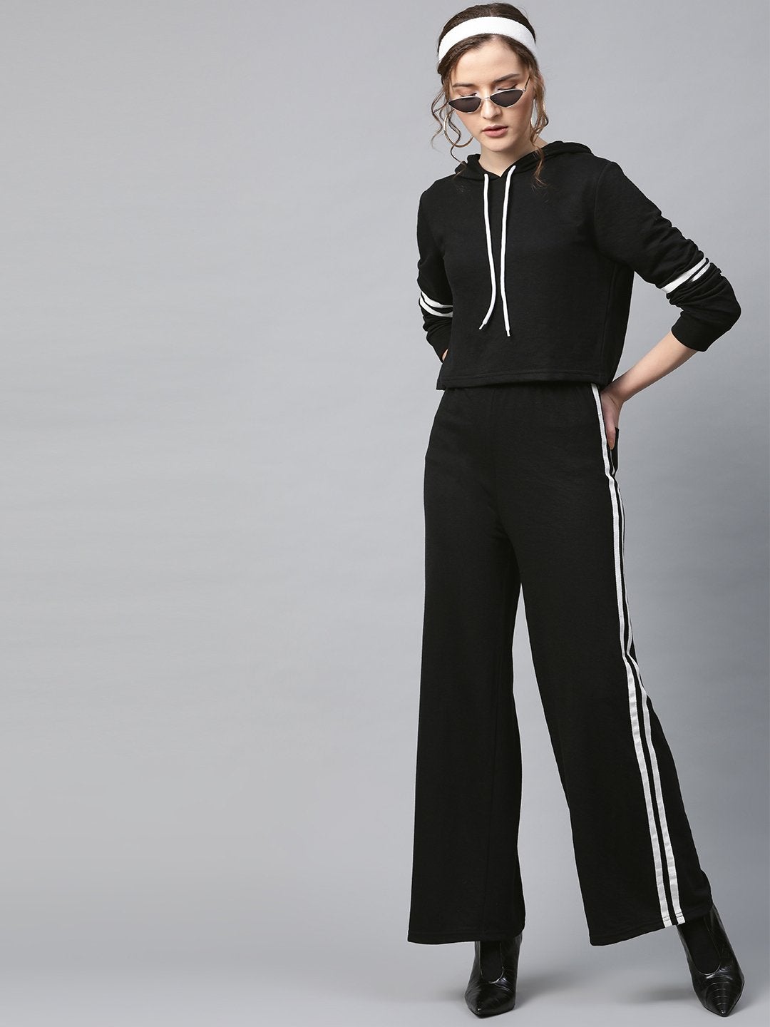 Women's Black With White Tape Crop Hoodie
