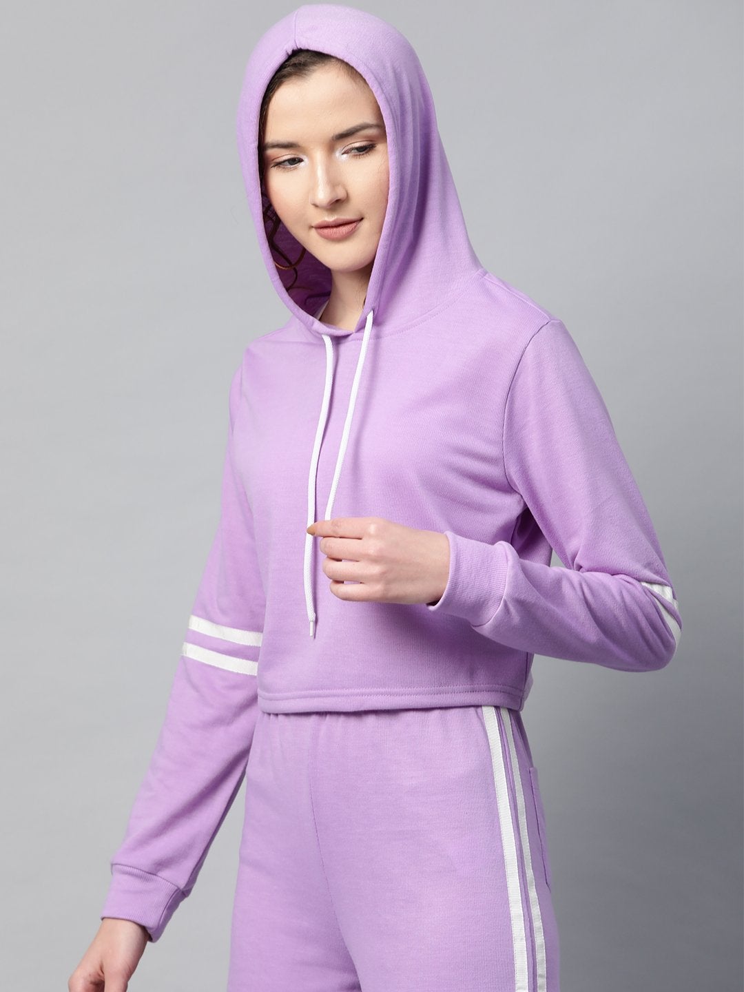 Women's Purple With White Tape Crop Hoodie