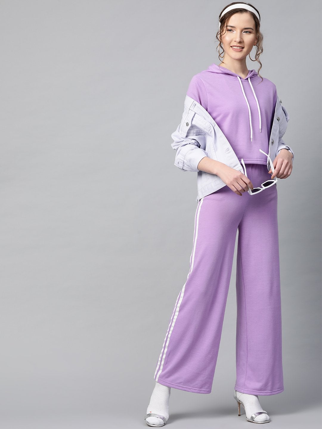 Women's Purple With White Tape Crop Hoodie
