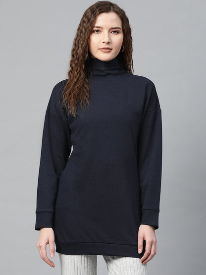 Women's Navy Blue High Neck Rib Sweater