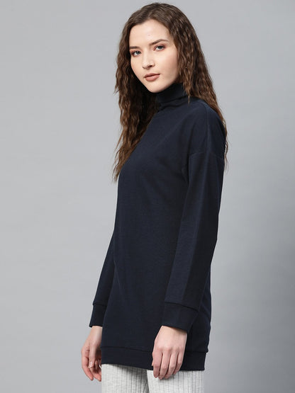Women's Navy Blue High Neck Rib Sweater