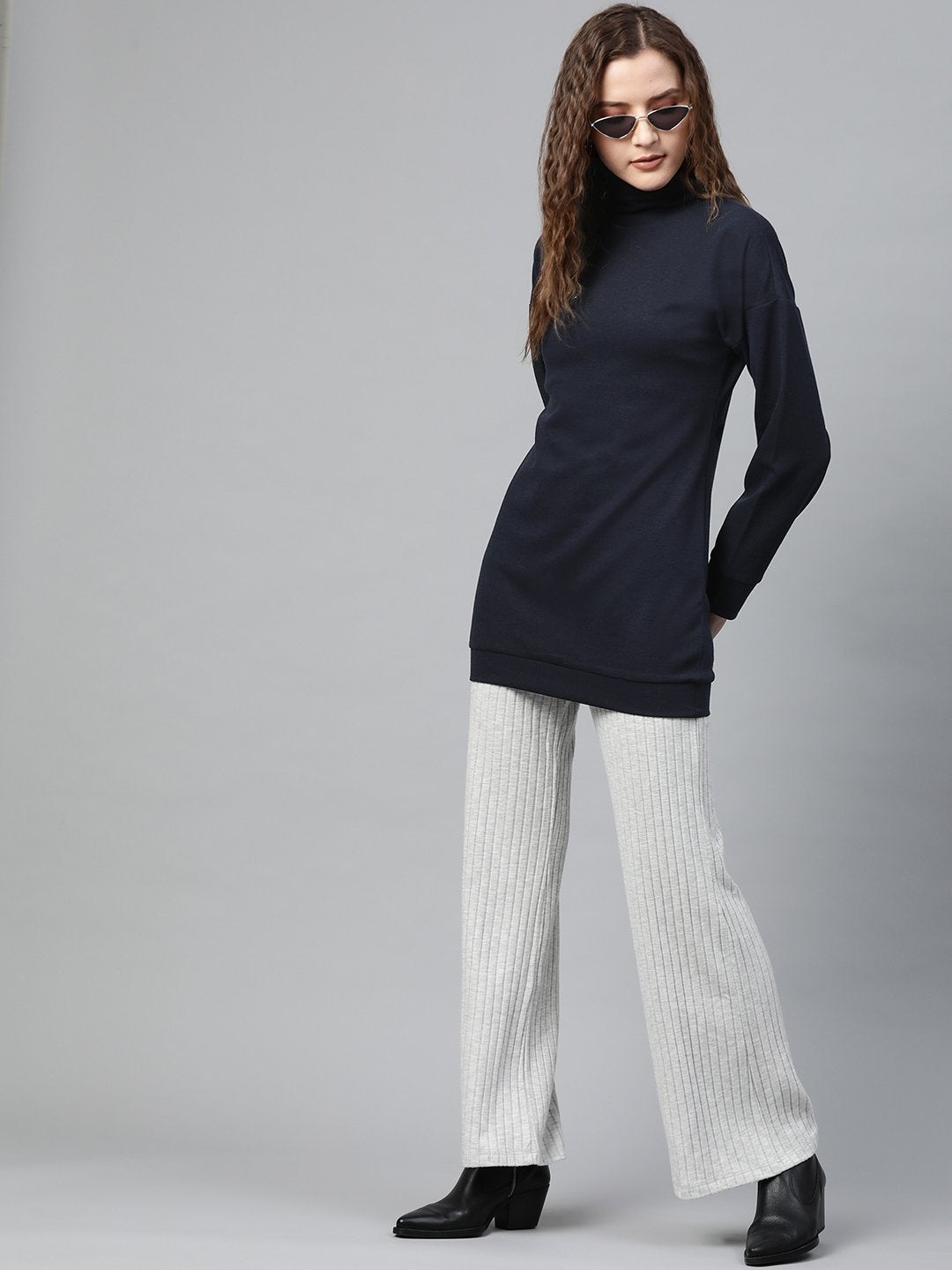 Women's Navy Blue High Neck Rib Sweater