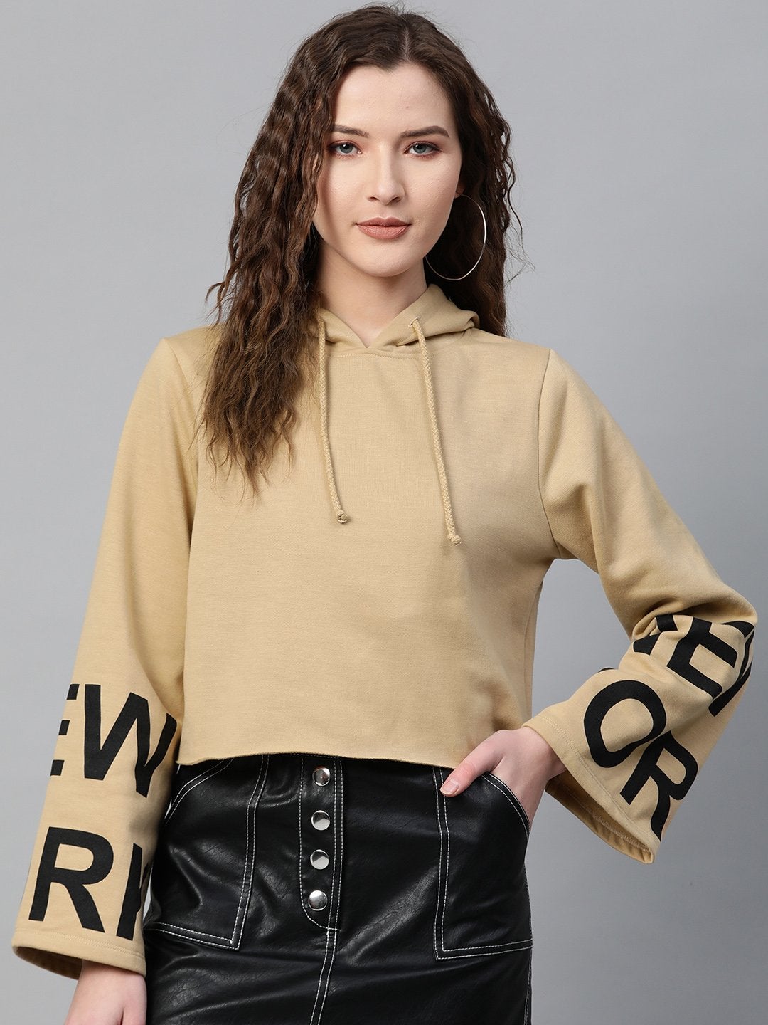Women's Beige New-York Print Hoddie Sweatshirt