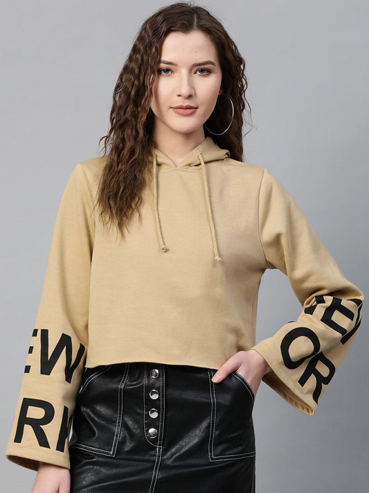 Women's Beige New-York Print Hoddie Sweatshirt