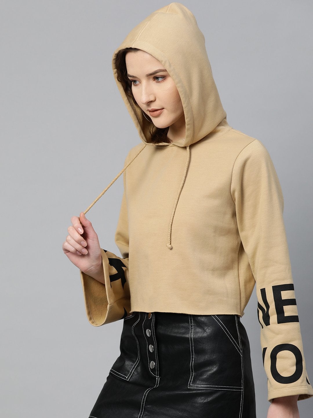 Women's Beige New-York Print Hoddie Sweatshirt