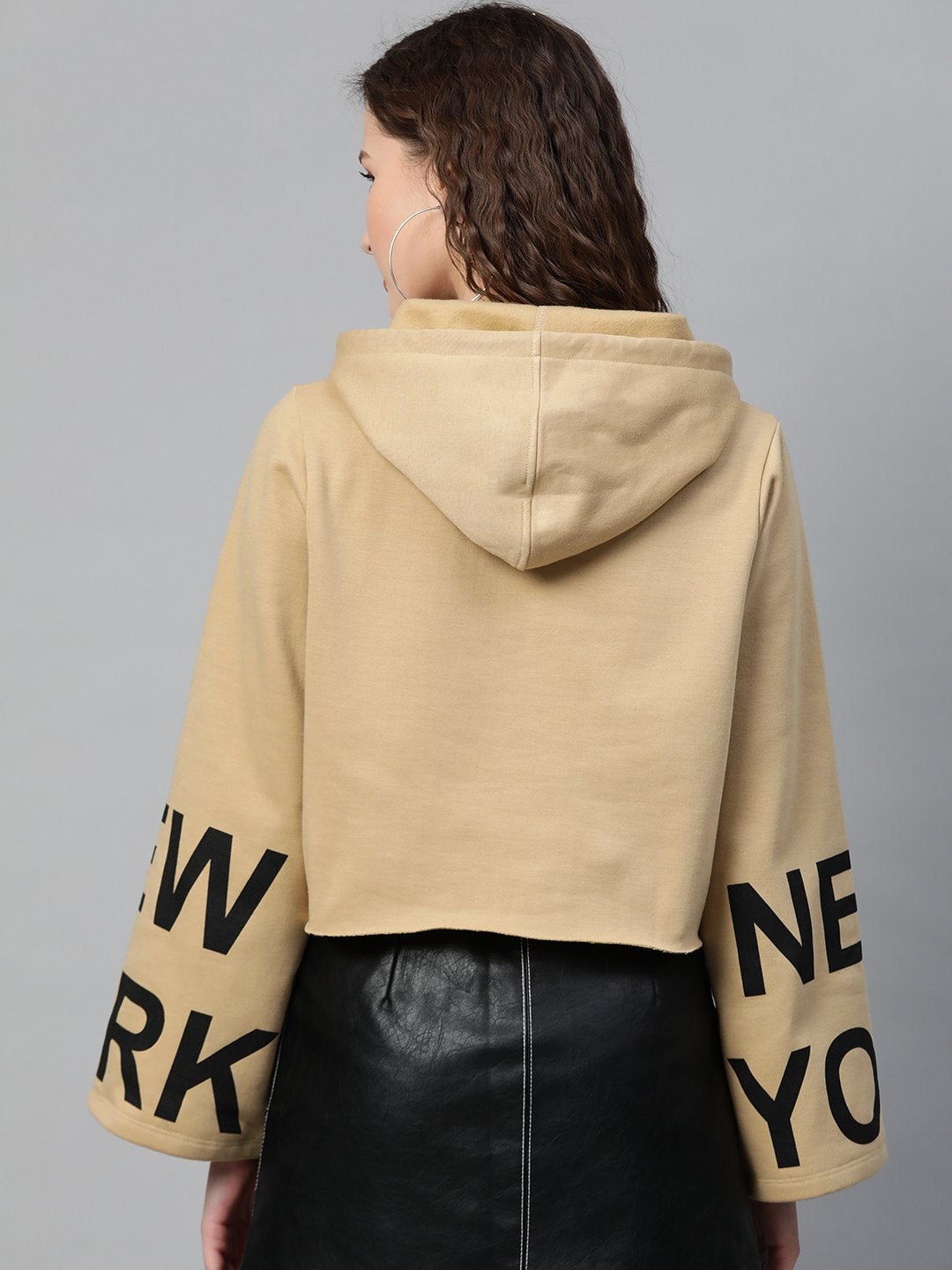 Women's Beige New-York Print Hoddie Sweatshirt
