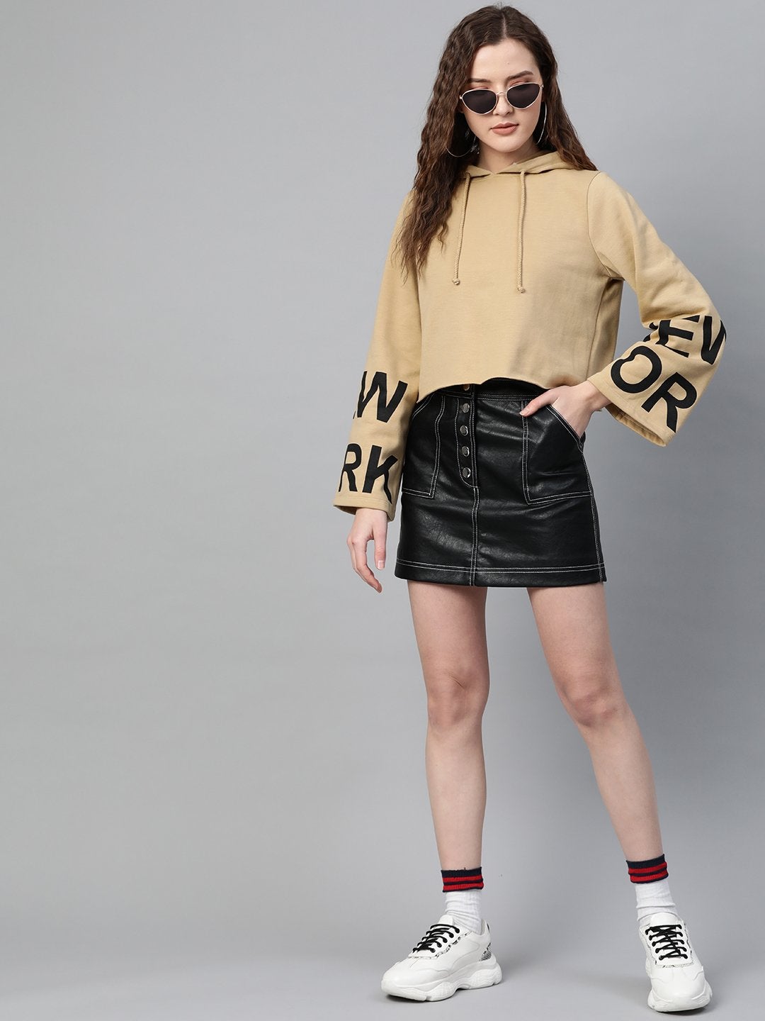 Women's Beige New-York Print Hoddie Sweatshirt